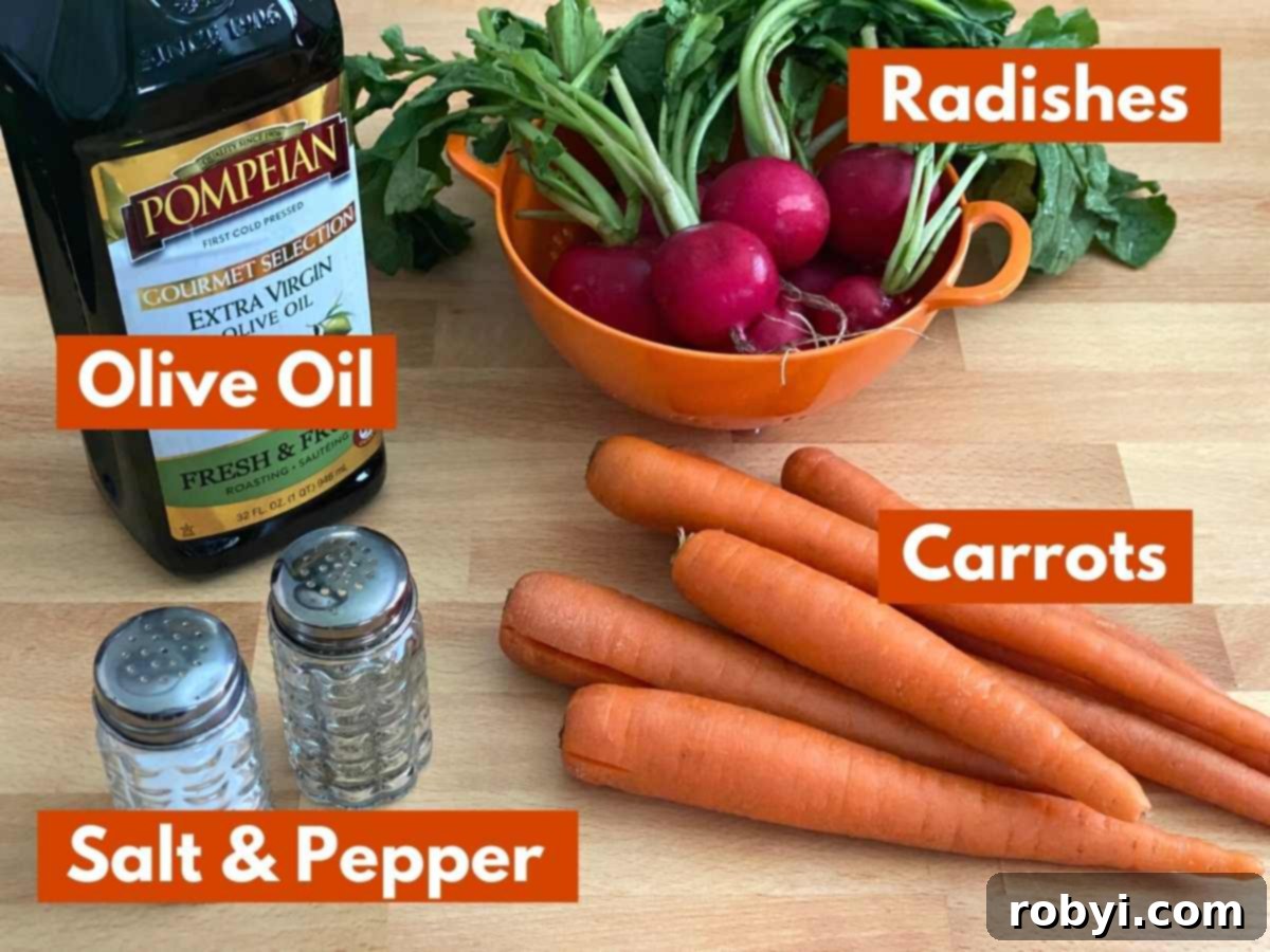 A visual collage of fresh ingredients laid out for roasting: crisp red radishes, vibrant orange carrots, a bottle of olive oil, and small bowls of salt and black pepper.