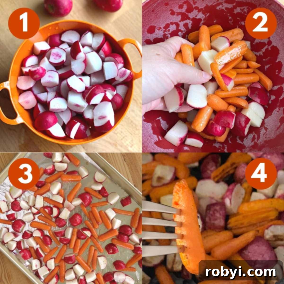 A step-by-step photographic guide illustrating the process of roasting radishes and carrots in the oven. It begins with washing radishes, then shows vegetables being tossed with oil and seasoning, spread on a baking sheet, and finally, a close-up of a perfectly roasted carrot held on a fork.