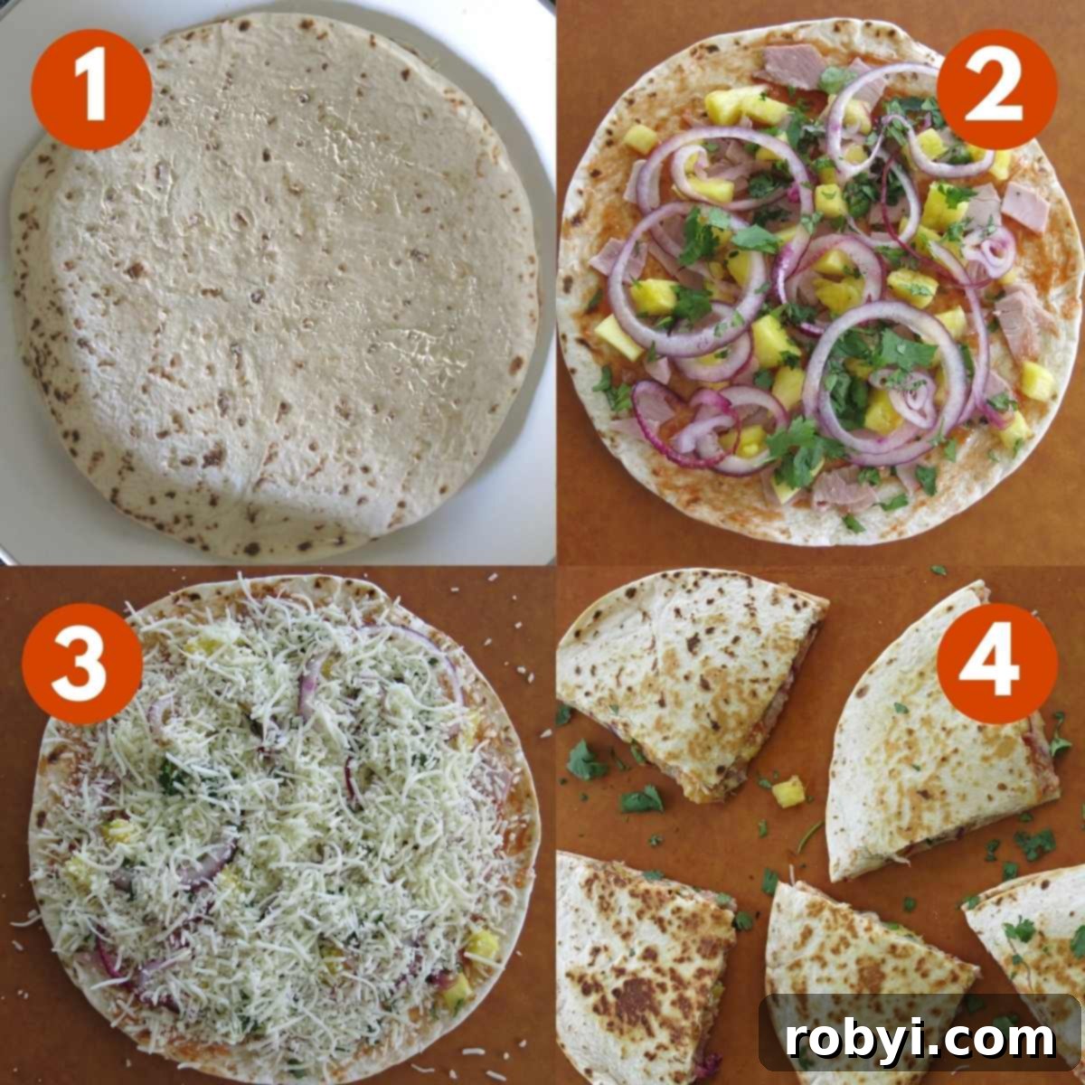 A visual guide showing a numbered collage of steps to prepare Hawaiian quesadillas, from assembly to cooking.