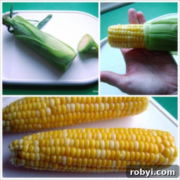 Collage of microwave Corn on Cob with end cut, pulling from husk and piece of corn with no silk.