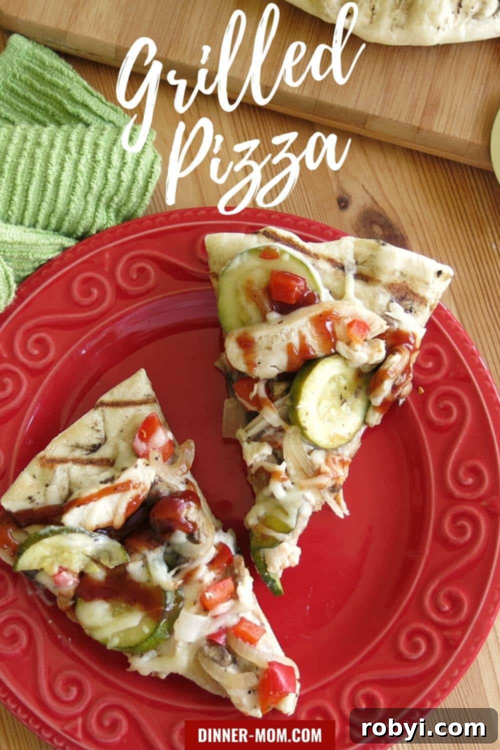 Overhead shot of 2 slices of grilled pizza.