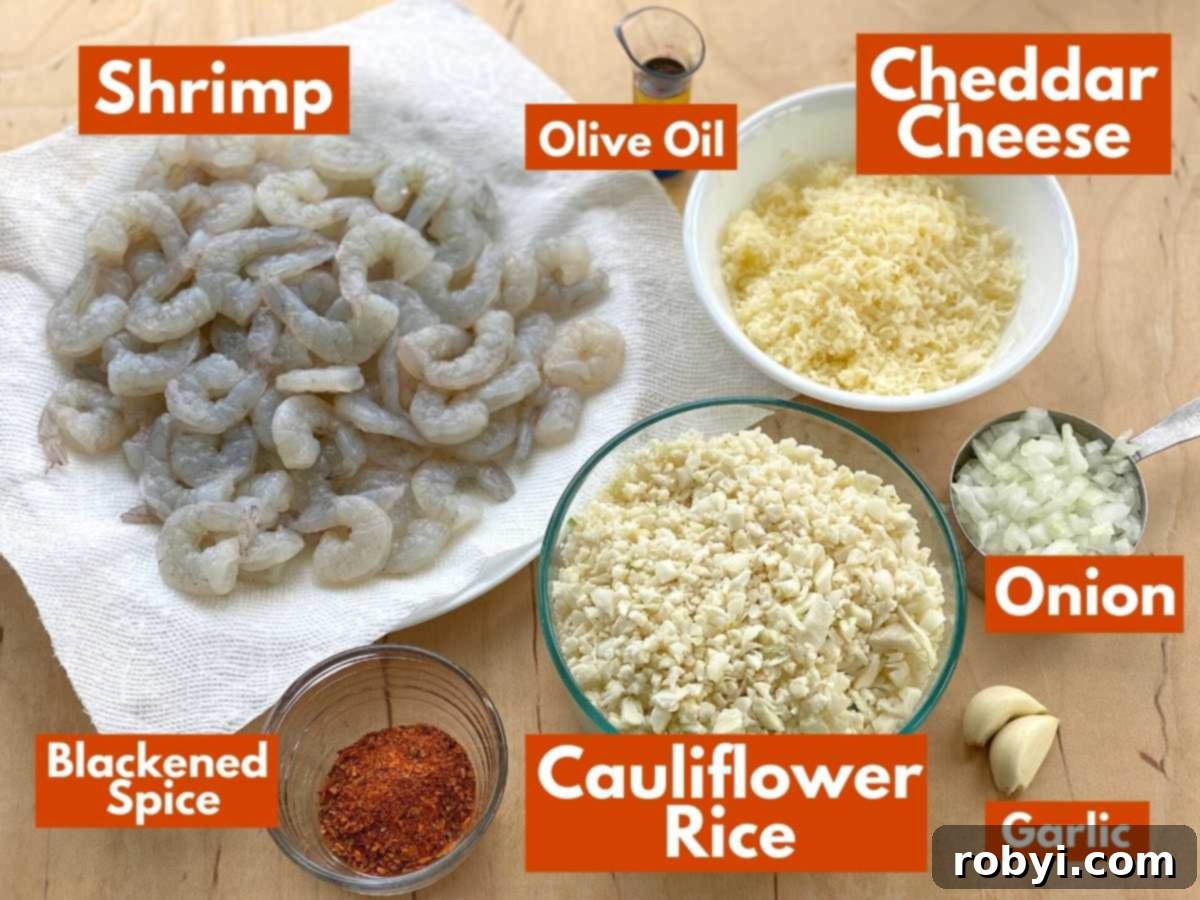 Graphic with each ingredient to prepare shrimp and cauliflower grits along with a label.