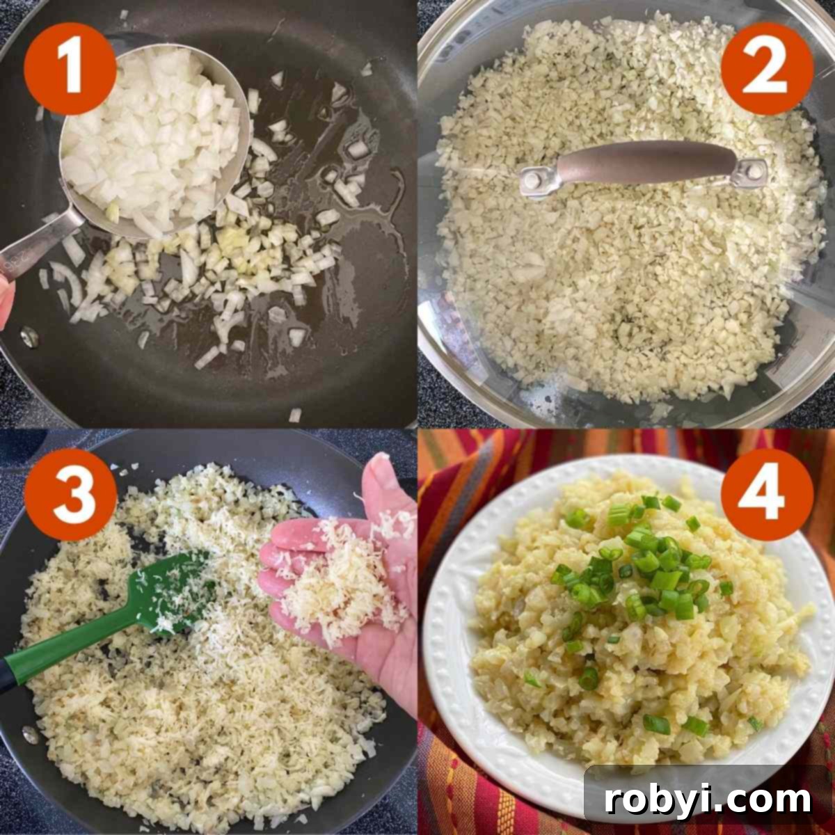 Collage of 4 steps showing the process to make cheesy cauliflower grits from sauteing to adding cheese.