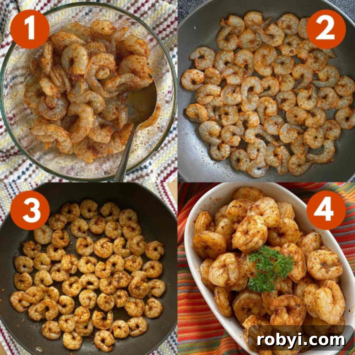 Numbered graphic of 4 steps to make blackened shrimp, including seasoning, cooking, and plating.