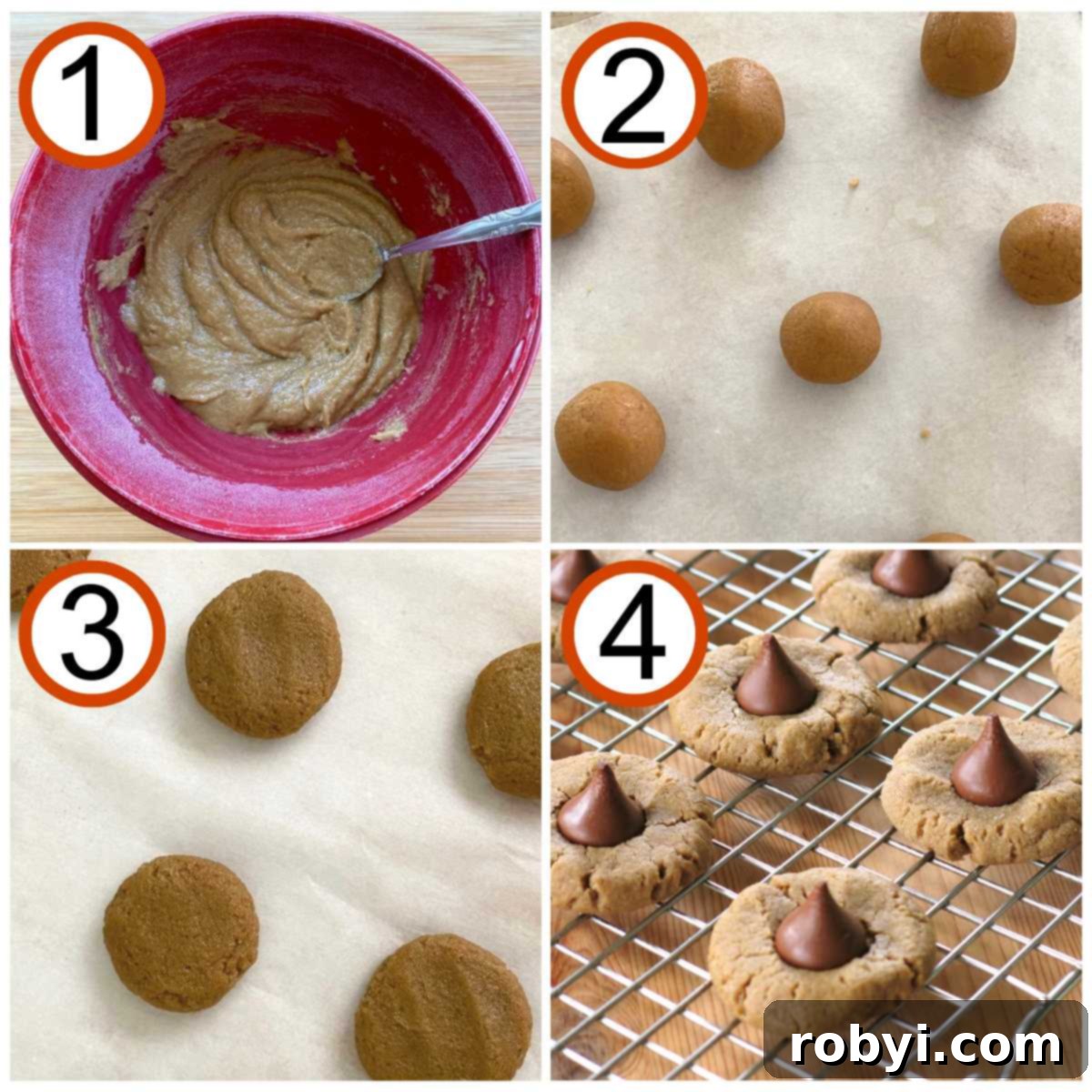 A visual guide showing the steps to make peanut butter blossom cookies: 1) Dough mixed in a bowl, 2) Dough balls neatly arranged on a baking sheet, 3) Partially baked cookies being gently flattened, 4) Finished cookies with chocolate kisses cooling on a wire rack.