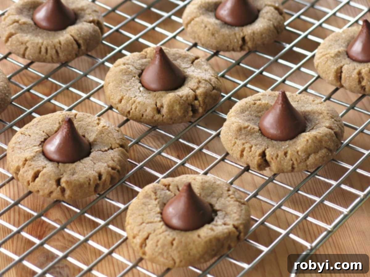 Several 3-ingredient peanut butter blossom cookies cooling on a wire rack, showcasing their perfect shape and chocolate tops.