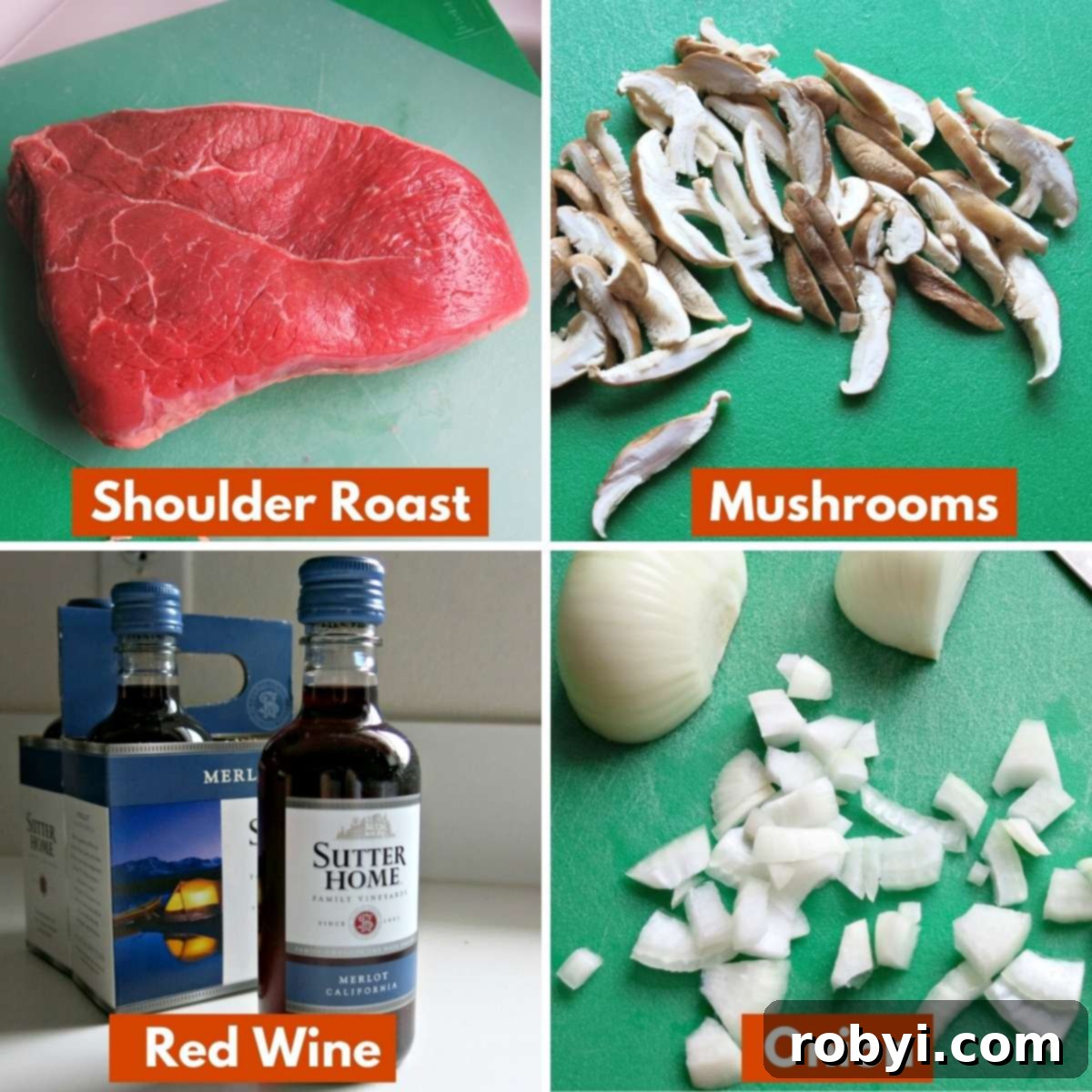 Collage of main ingredients: shoulder roast, mushrooms, red wine, onion