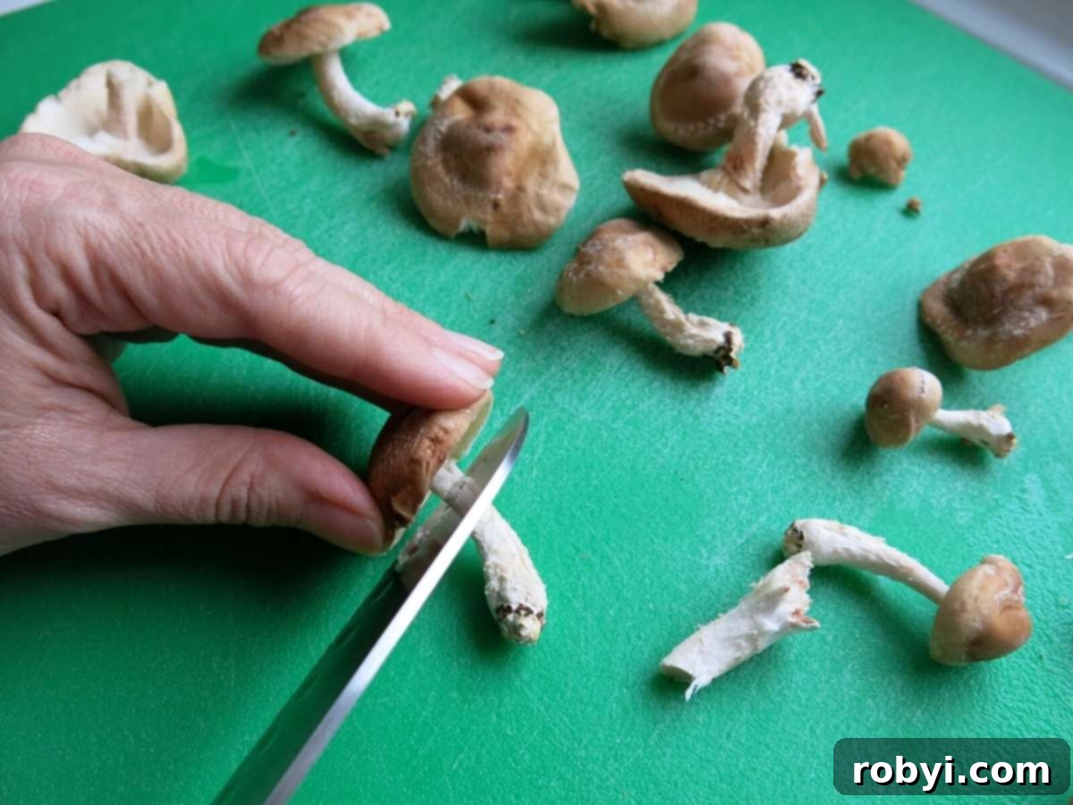 Hand holding knife cutting shiitake mushrooms.