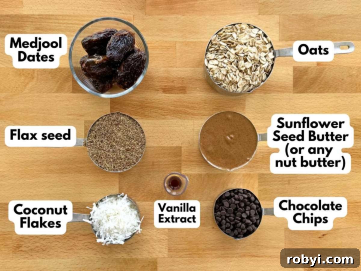 Labeled ingredients in measuring cups, to make recipe: Medjool dates, oats, ground flax seed, sunflower seed butter, coconut flakes, vanilla extract, and chocolate chips.