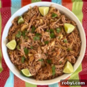 Salsa pork tenderloin carnitas in a round platter with lime wedges and cilantro, ready for serving.