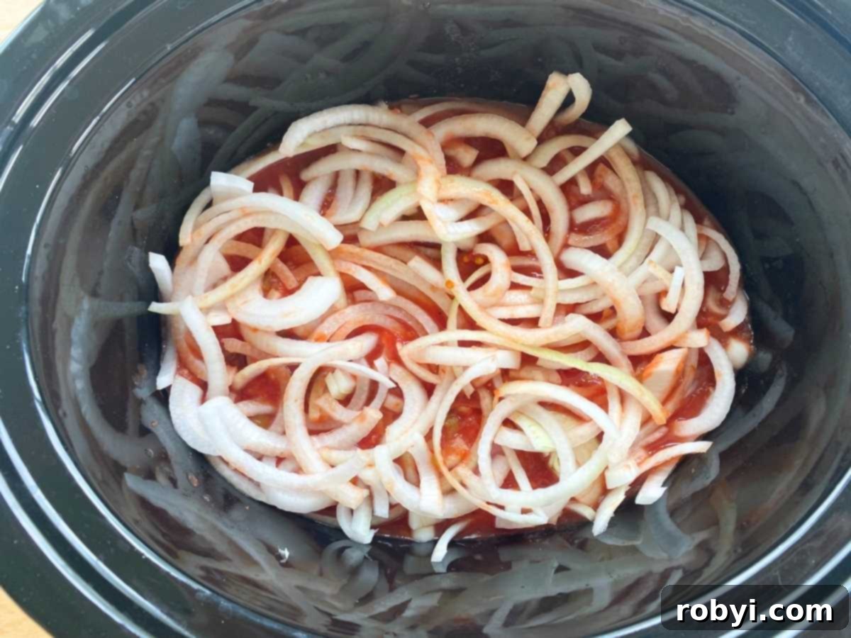 Slow cooker layered with uncooked pork tenderloin, a generous pour of salsa, and sliced onions before the cooking process begins.