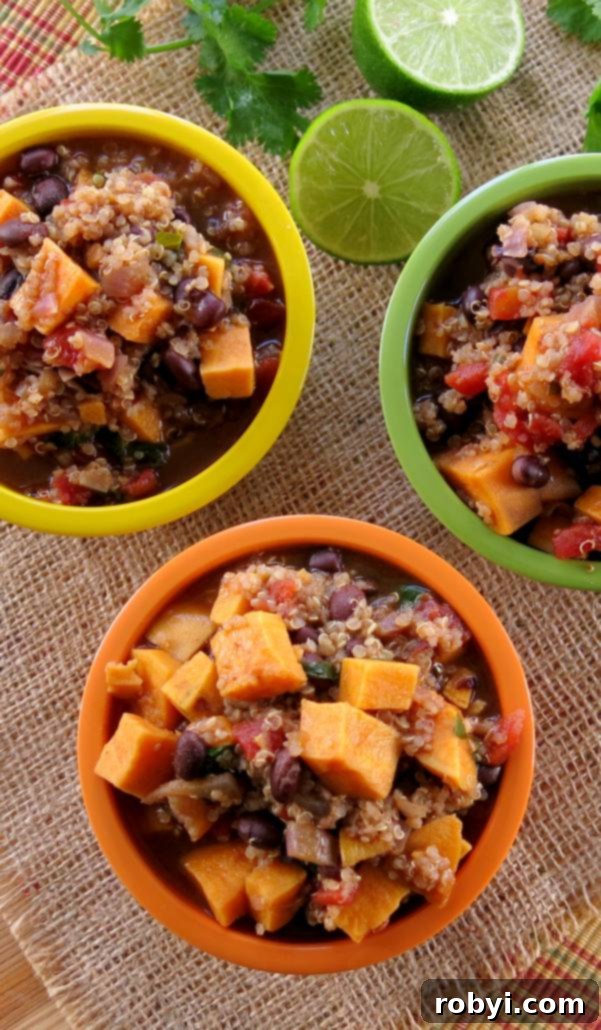 Three bowls of Sweet Potato Black Bean Chili with Quinoa, showcasing various toppings.