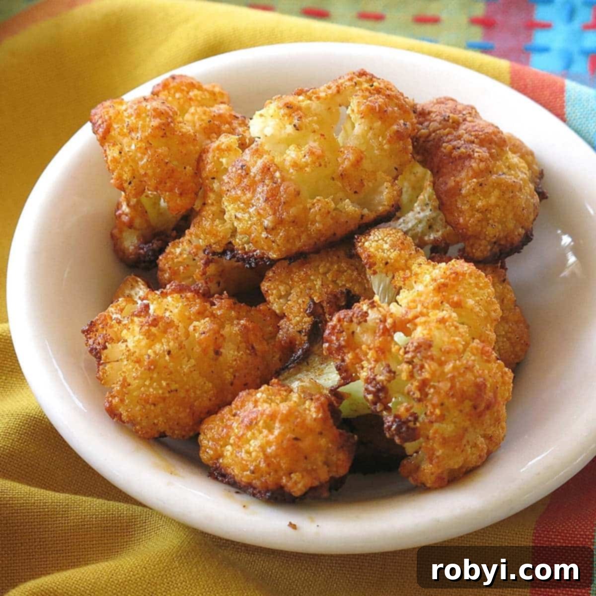 5-Ingredient Parmesan Cauliflower Poppers 2 A bowl filled with golden-brown, crispy Parmesan Cauliflower Bites, ready to be served as an appetizer.