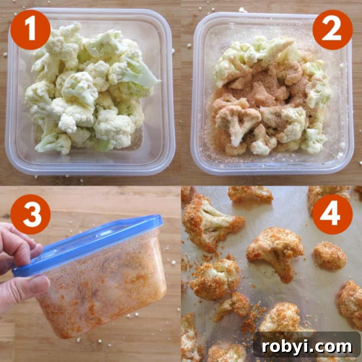 5-Ingredient Parmesan Cauliflower Poppers 5 A four-step graphic demonstrating the easy breading technique for cauliflower using a lidded bowl.