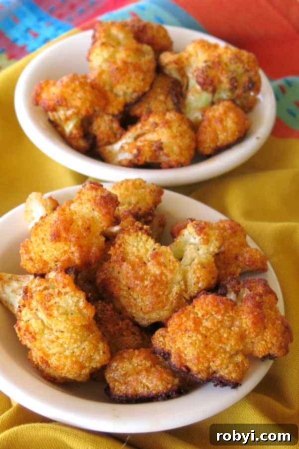 5-Ingredient Parmesan Cauliflower Poppers 6 Two bowls of crispy Parmesan Cauliflower Florets, one in the foreground and another blurred in the background, highlighting their appetizer appeal.