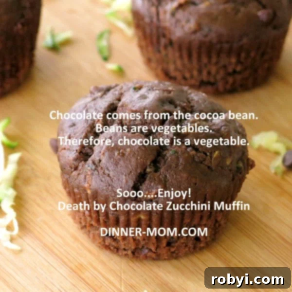 A humorous quote: 'Chocolate is a Vegetable' displayed next to a delectable chocolate muffin, celebrating the joy of chocolate.