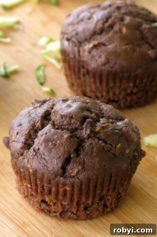 Two beautifully baked healthy Chocolate Zucchini Muffins resting on a wooden cutting board, ready to be enjoyed.