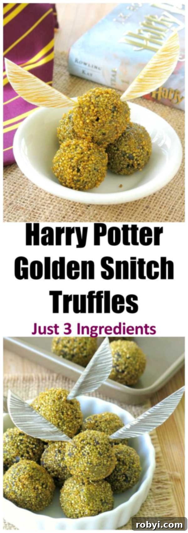 Harry Potter Golden Snitch Truffles Recipe - Just 3 Ingredients Plus Template for Paper Wings. Edible balls are perfect as a cake topper too. No bake with vegan option.