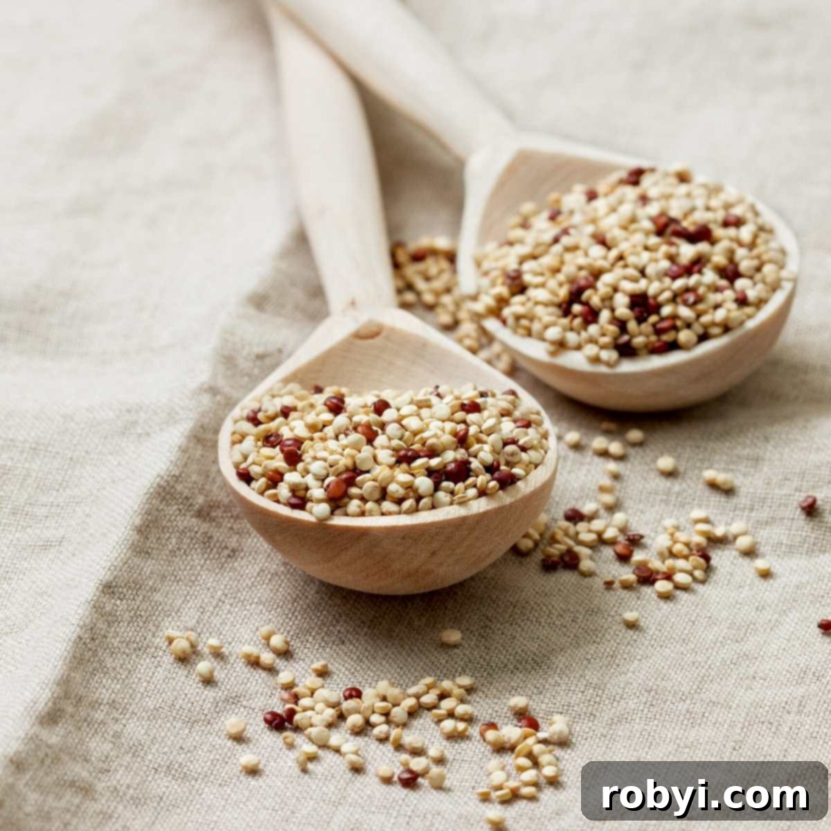 Uncooked quinoa on two wooden spoons.