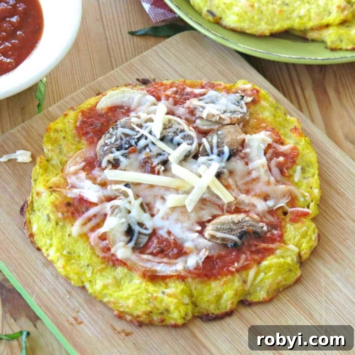 Crispy spaghetti squash pizza crust topped with rich tomato sauce, savory mushrooms, and gooey melted cheese, ready to be served.