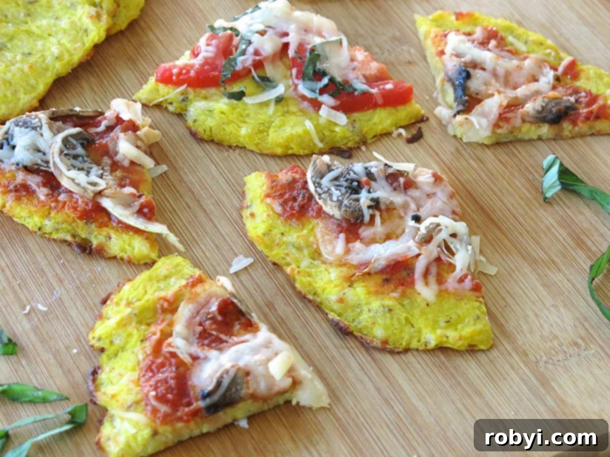 Delicious slices of cooked spaghetti squash pizza, generously loaded with a variety of toppings, artfully arranged on a wooden cutting board, inviting a savory bite.