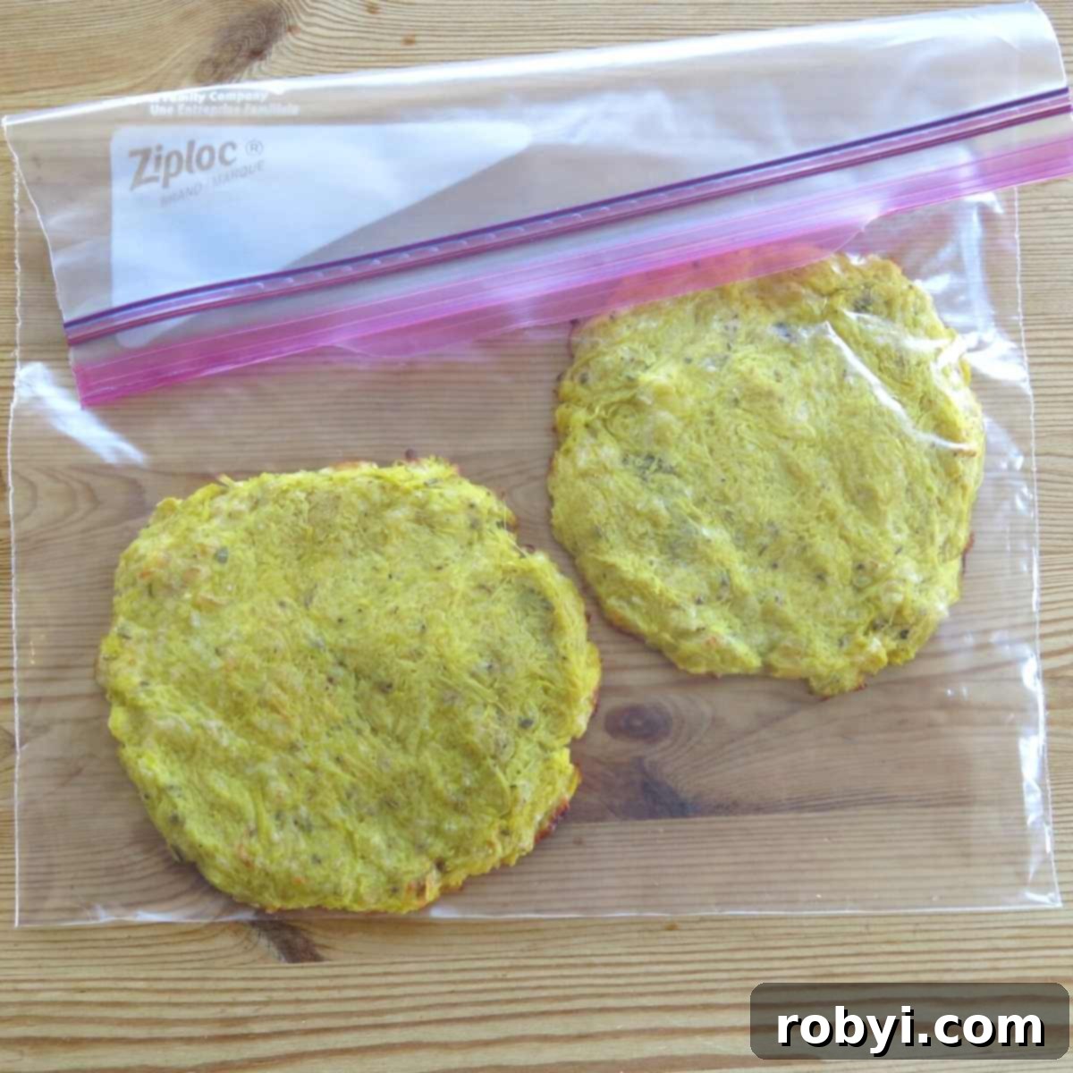 Two neatly stacked, cooked spaghetti squash pizza crusts securely sealed in a freezer bag, ready for long-term storage.