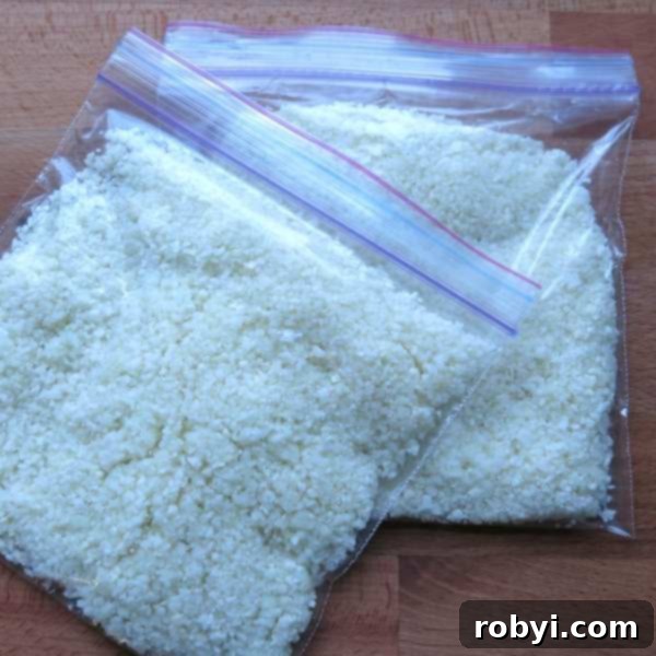 Cauliflower rice neatly packed in ziplock bags, portioned into one-cup servings for convenience