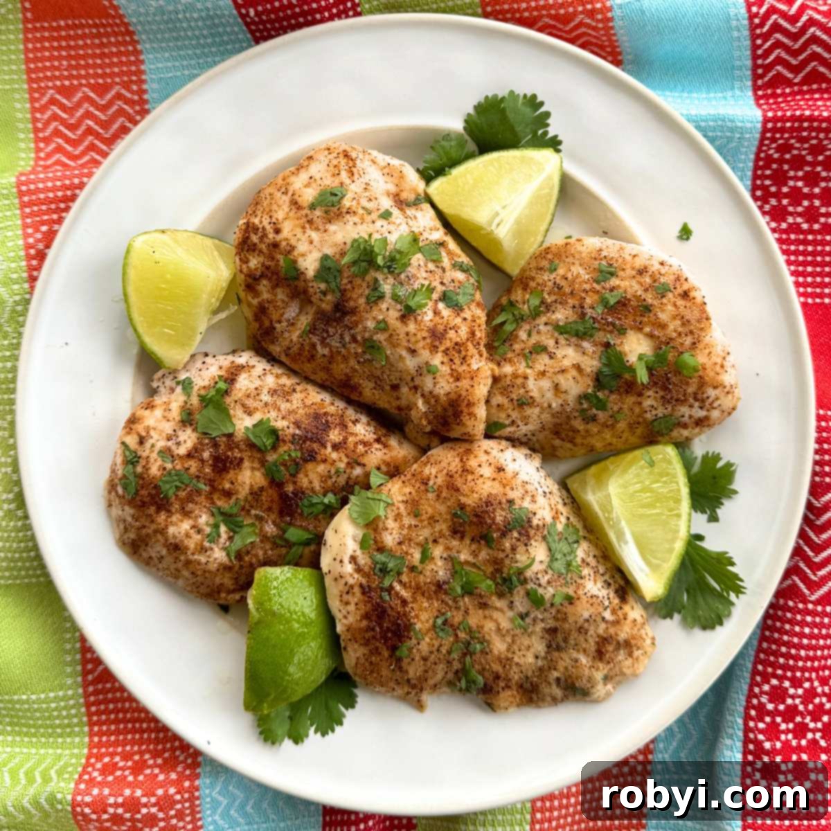 White plate with four baked chili lime chicken using tajin seasoning with lime wedges and cilantro.