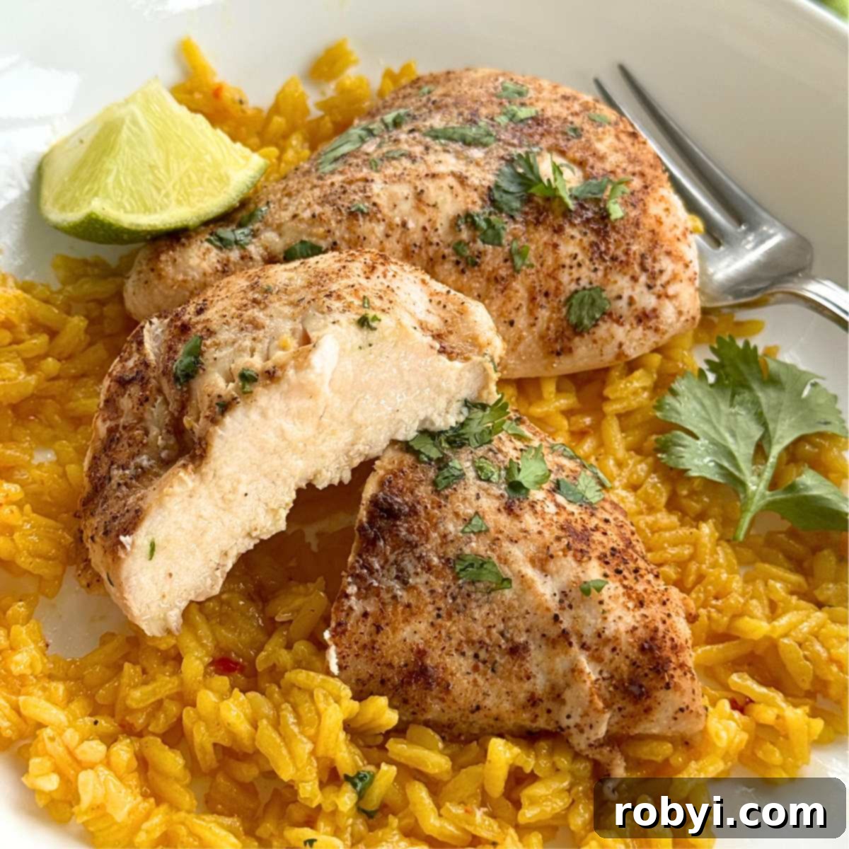Baked chili lime chicken breast cut in half on top of yellow rice with a lime wedge and cilantro leaves.