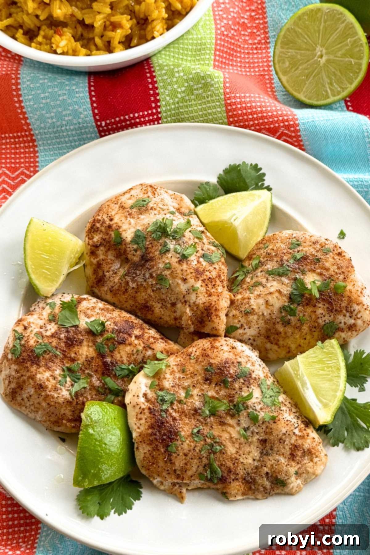 White plate with four baked chili lime chicken using Tajín seasoning with lime wedges and cilantro.