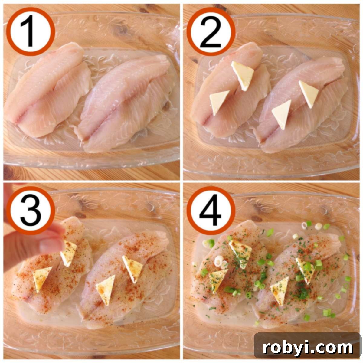 Collage of pictures to make lemon pepper tilapia 1) Tilapia filets in a baking dish, 2) Fish topped with butter taps and lemon juice, 3) Fingers sprinkling spices over the tilapia, 4) Green onions and parsley on the tilapia.