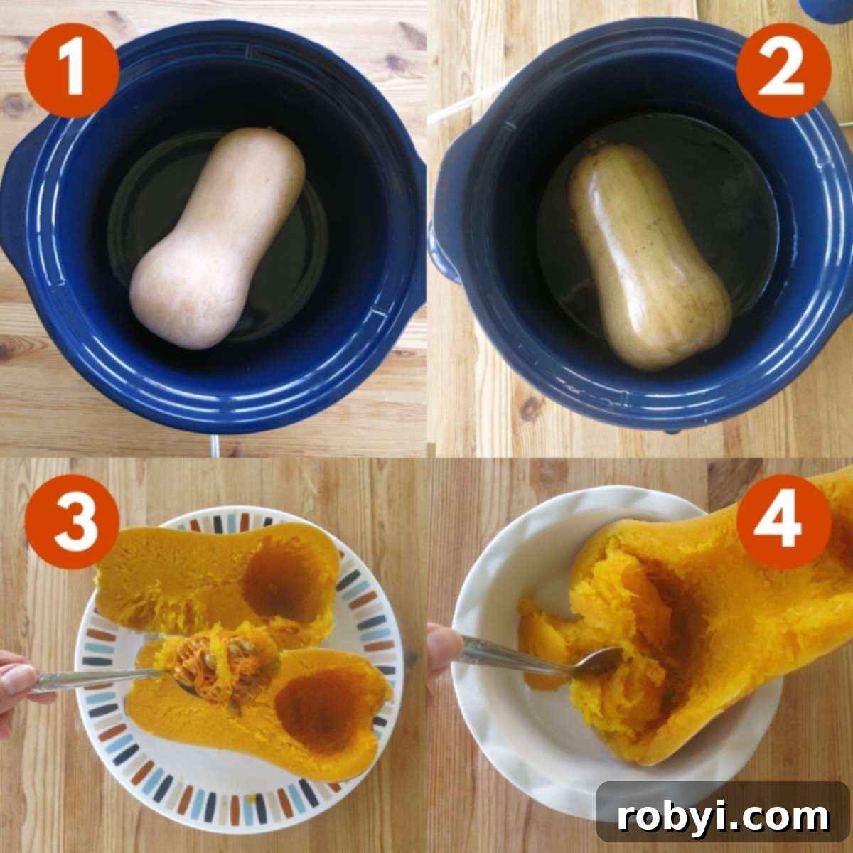 A collage demonstrating the steps to cook whole butternut squash in a crock-pot: uncooked squash in cooker, cooked squash, scooping seeds, and scraping flesh.