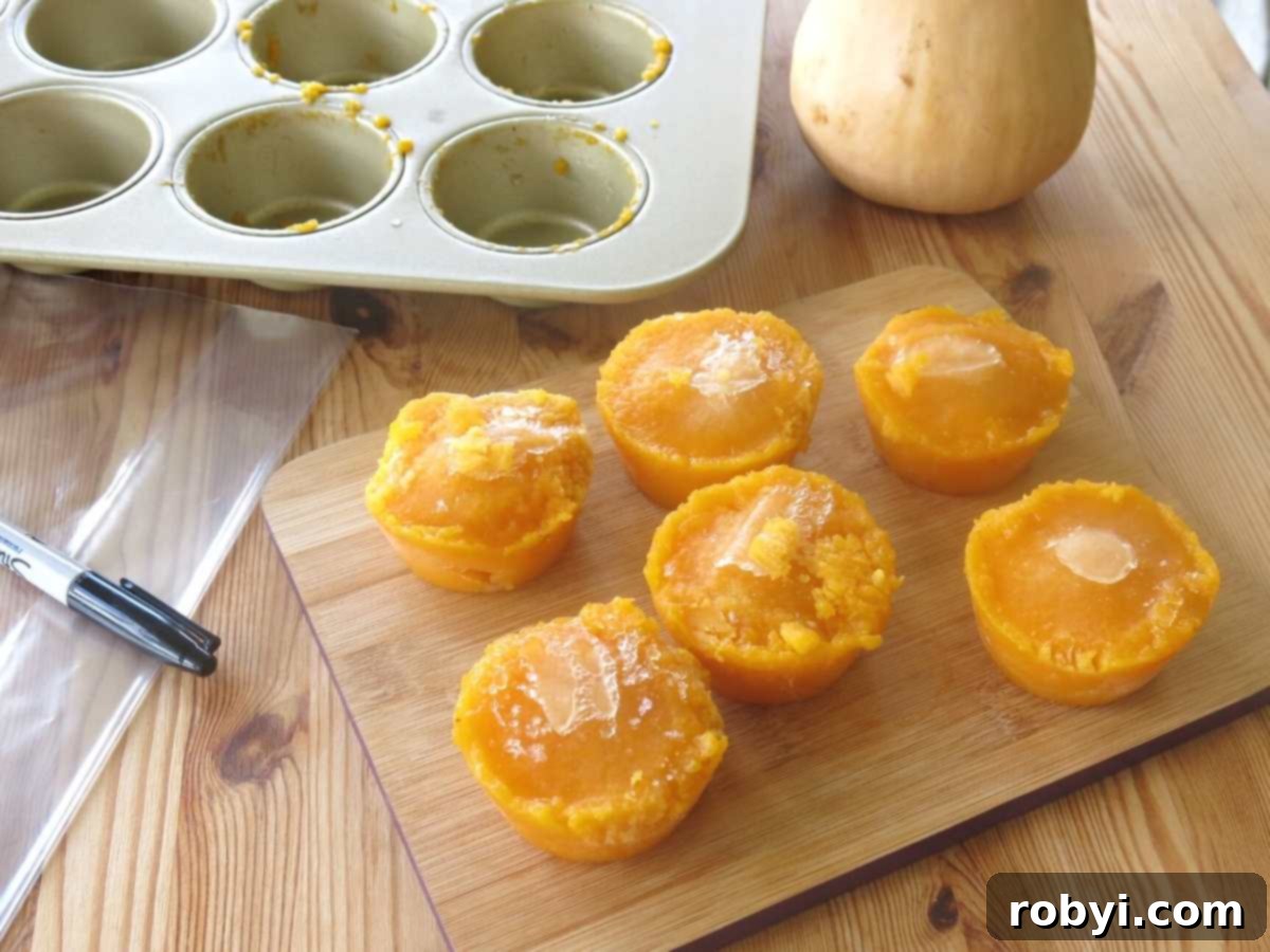 Frozen butternut squash portions in a muffin tin, next to an empty muffin tin and a plastic freezer bag for transfer.