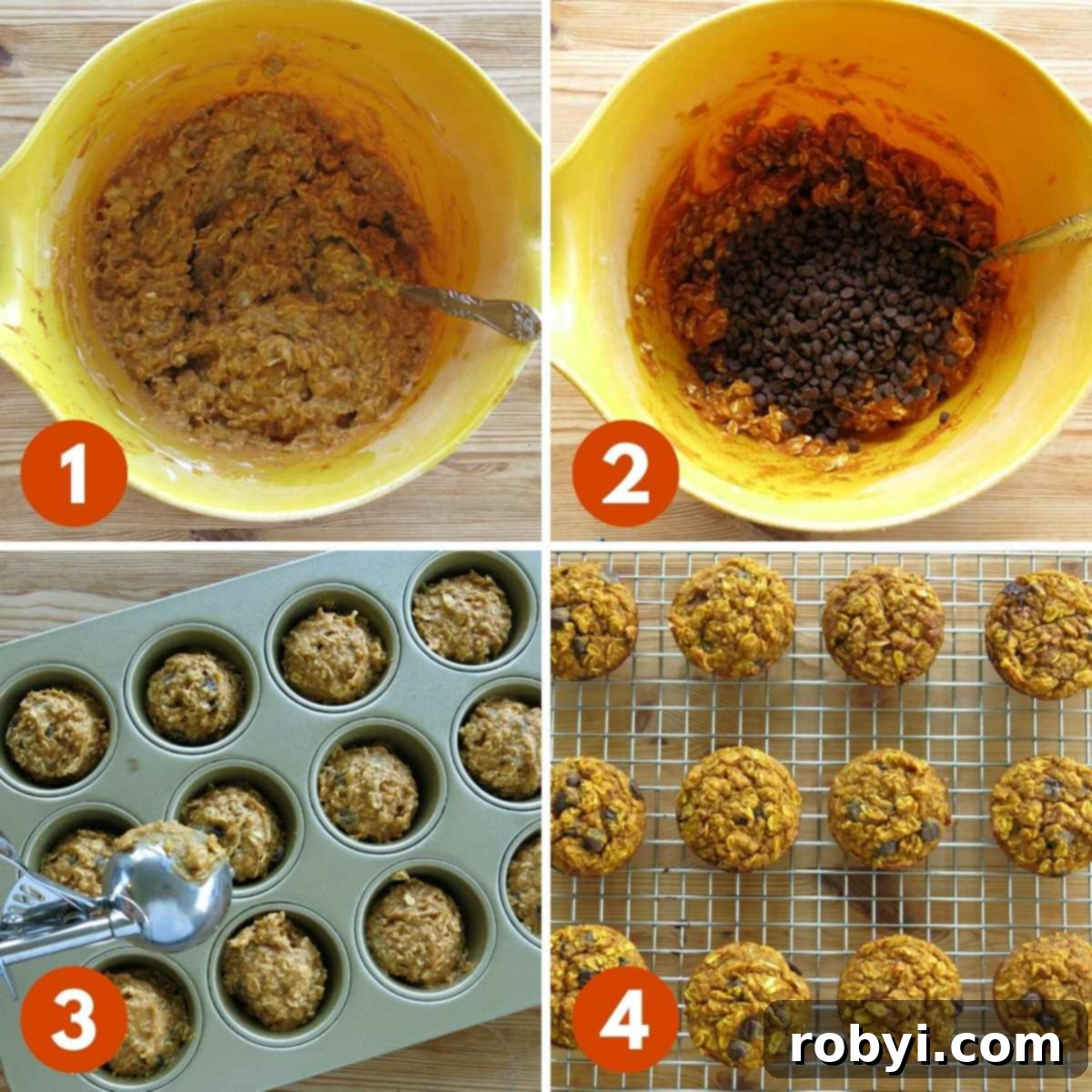 Numbered collage of pictures to make recipe: 1) mixed batter in a yellow bowl, 2) chocolate chips added to bowl, 3) matter in muffin tin with a scoop held over the top, 4) cooked oatmeal pumpkin muffins on a wire rack.