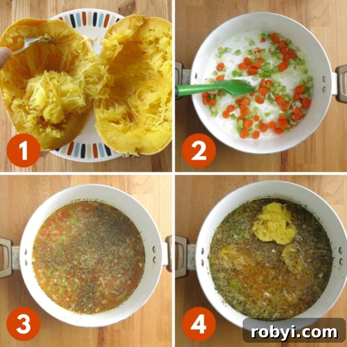 Numbered collage of steps to. make soup: 1) fork removing strands from cooked spaghetti squash, 2) onions, celery, and carrots being sauteed in a pot, 3) broth and seasoning added to pot, 4) spaghetti squash added to stock pot.
