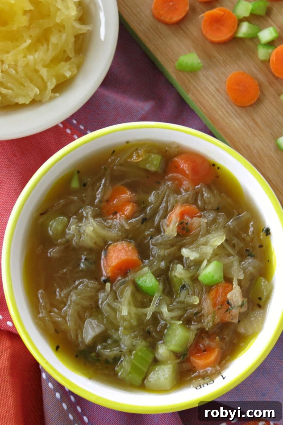 Low-carb spaghetti squash soup in a bowl.