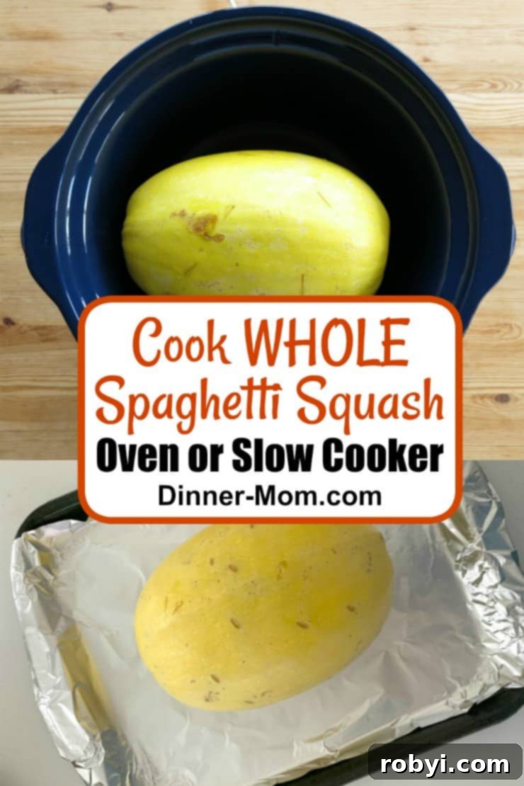 A visual comparison of whole spaghetti squash prepared in a slow cooker and roasted on a baking sheet.