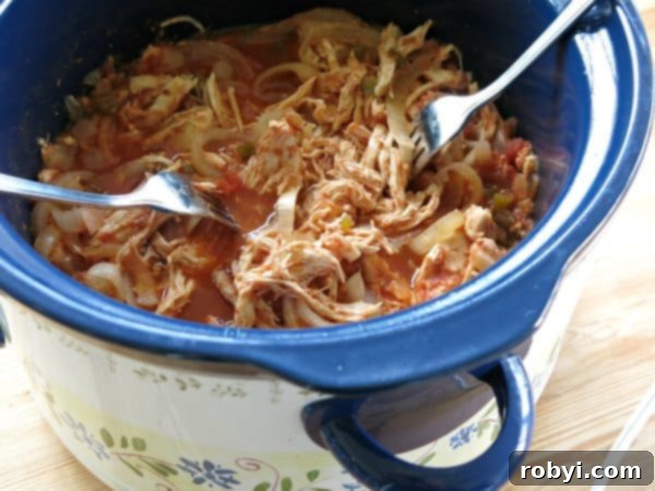 Two forks easily shredding tender, juicy 3-ingredient salsa chicken directly in the slow cooker after cooking, ready to absorb more flavor.