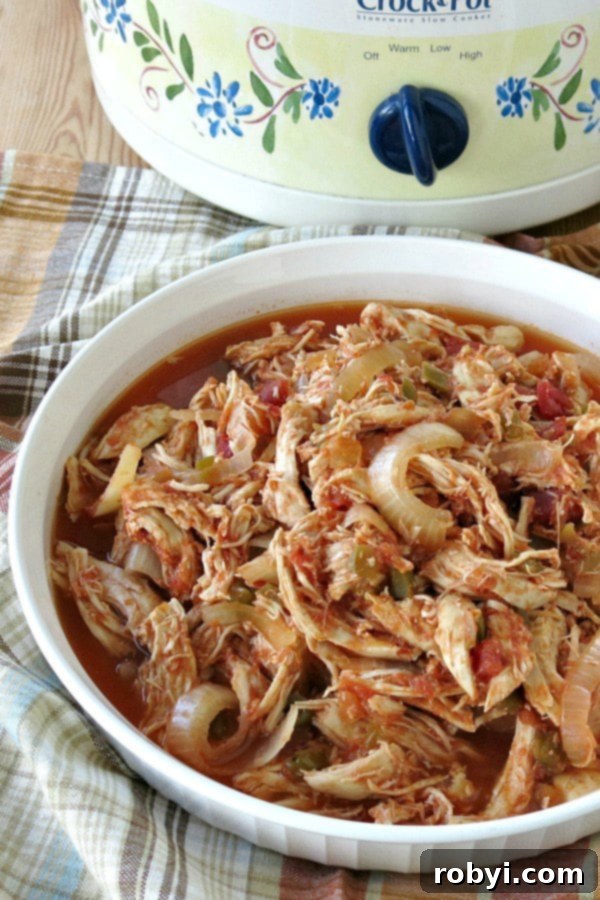 Healthy and flavorful salsa chicken served in a white bowl, with the slow cooker visible in the background, signifying a convenient, wholesome meal.