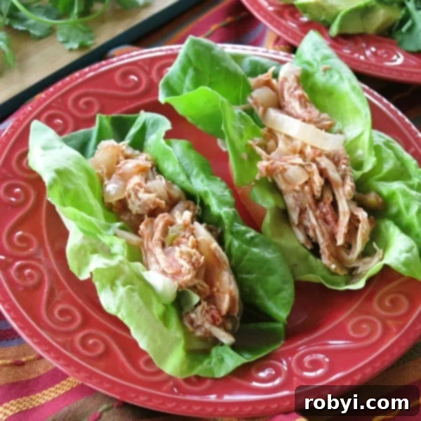 Two vibrant and healthy Crock-Pot Salsa Chicken lettuce wraps served on a festive red plate, perfect for a light, low-carb meal option.