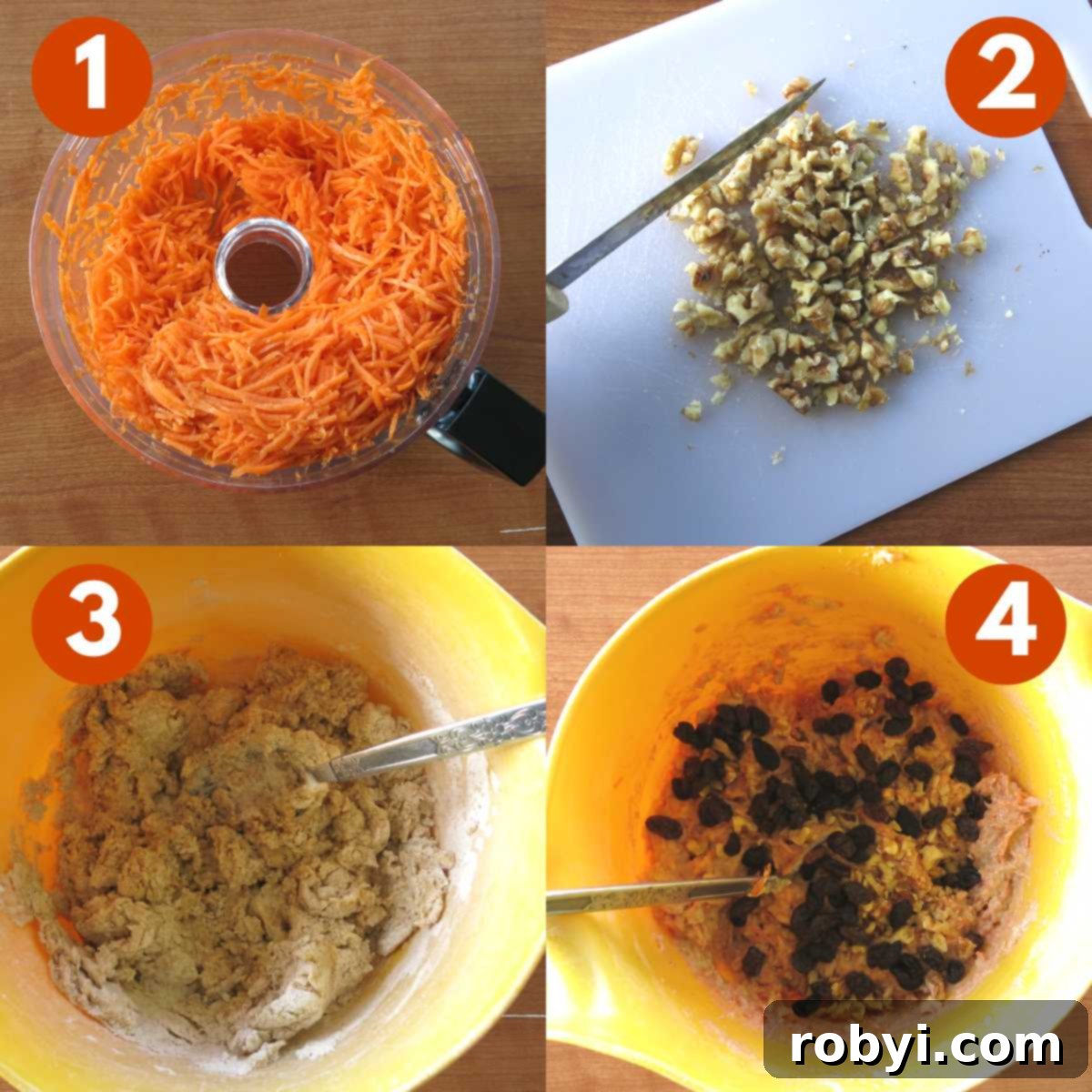 Graphic of steps to make carrot pineapple muffins: 1) grated carrots in processor bowl, 2) walnut on cutting board, 3) dry mix in bowl 4) wet ingredients in batter.