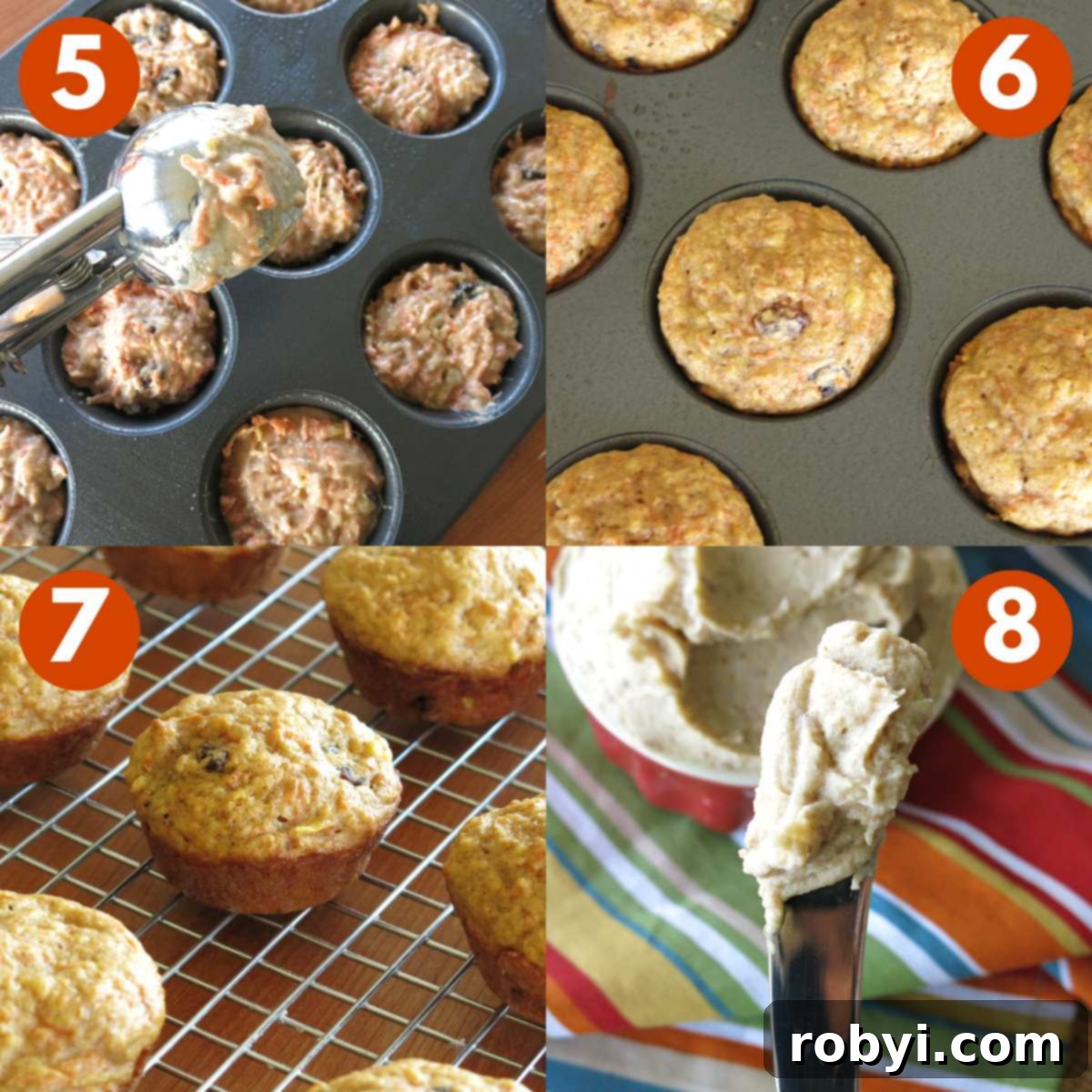 Direction collage for pineapple carrot mufins: 5) being scooped into muffin tin 6) baking in tin 7) cooling on rack 8) frosting on knife.