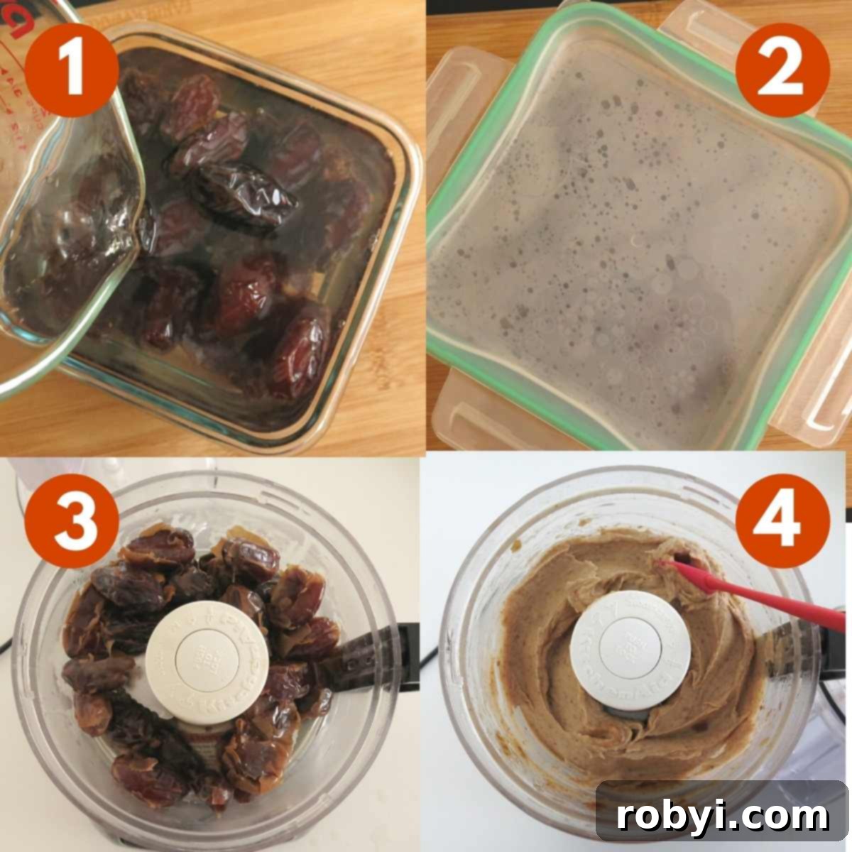 Direction graphic to make date jam: 1) dates covered in water 2) date soaking, 3) dates in a food processor before processing 4) dates that have been processed.