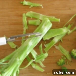 Peeled broccoli stalks.
