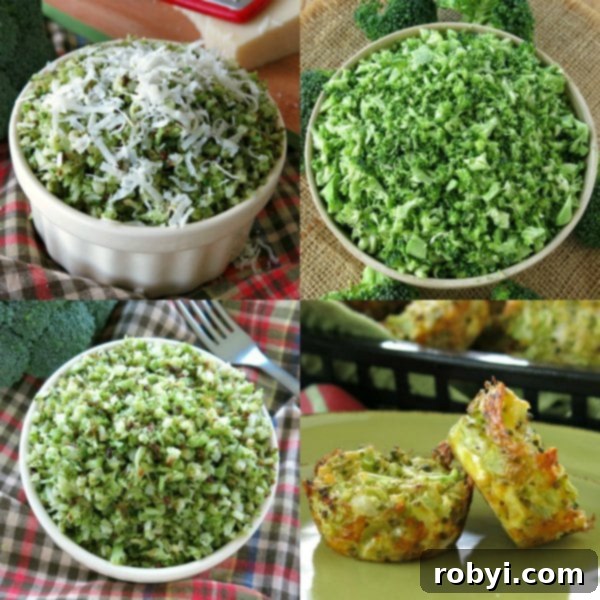 Collage of 4 broccoli rice recipe: roasted broccoli rice, broccolli muffins, steamed broccoli rice and stove-top broccoli rice