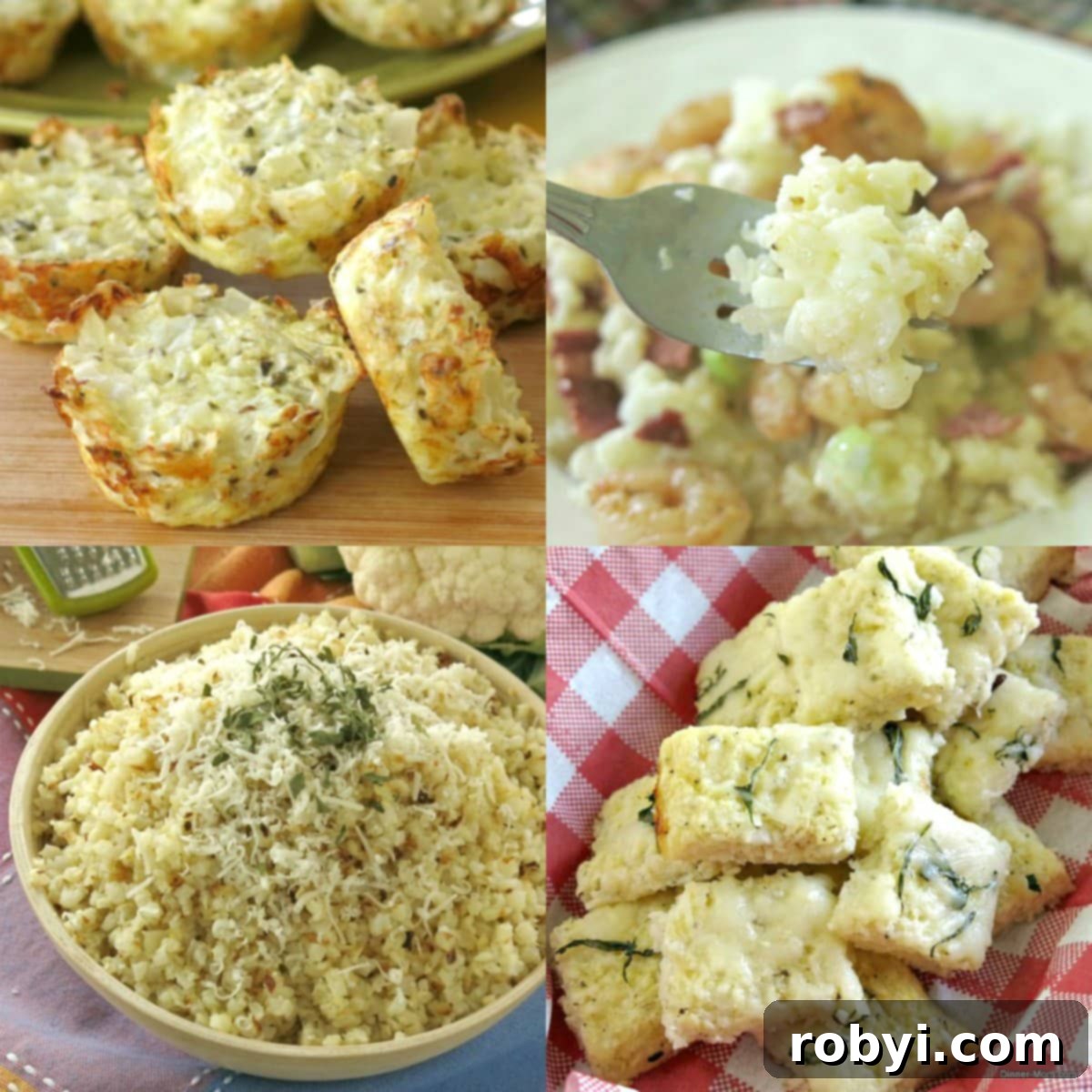 Collage of diverse frozen cauliflower rice recipes including pizza, mash, and roasted dishes.