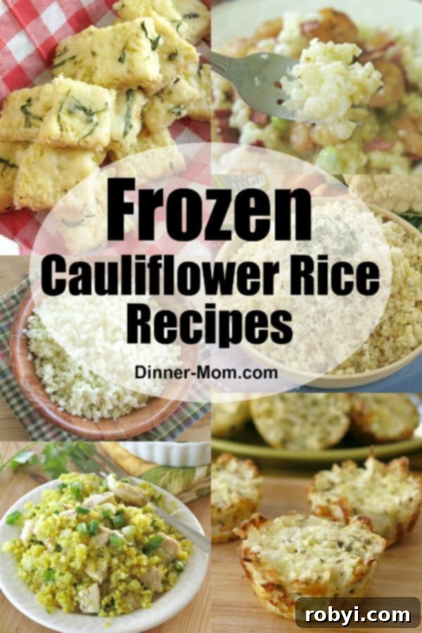 Collage of various frozen cauliflower rice dishes, showcasing its versatility.