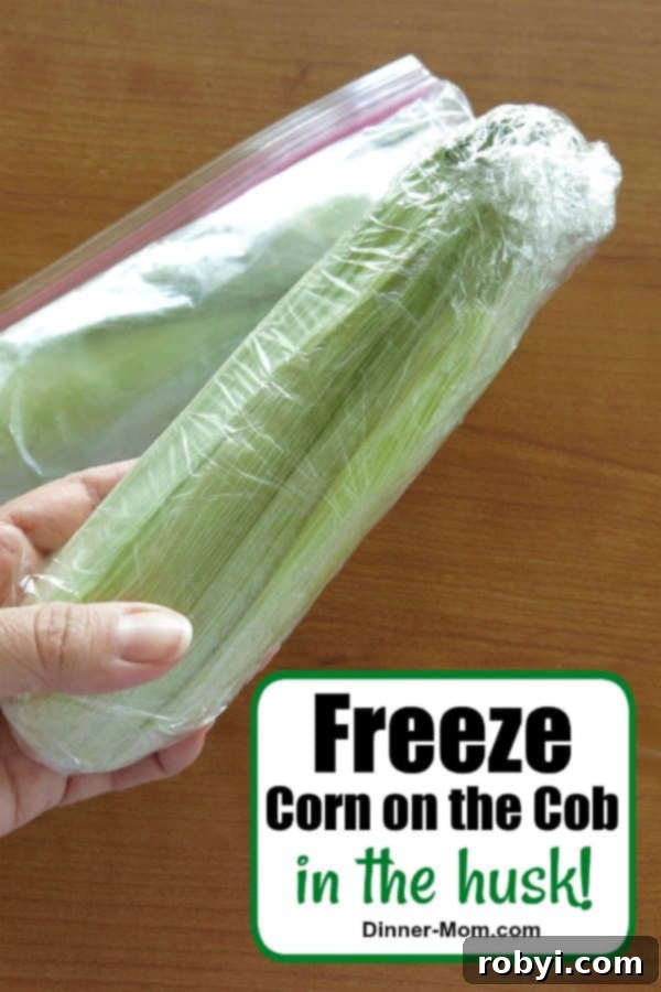 Lock in Flavor: Freezing Corn on the Cob, Husk Included 2 Corn on the Cob in the husk wrapped in plastic and ready to go into the freezer