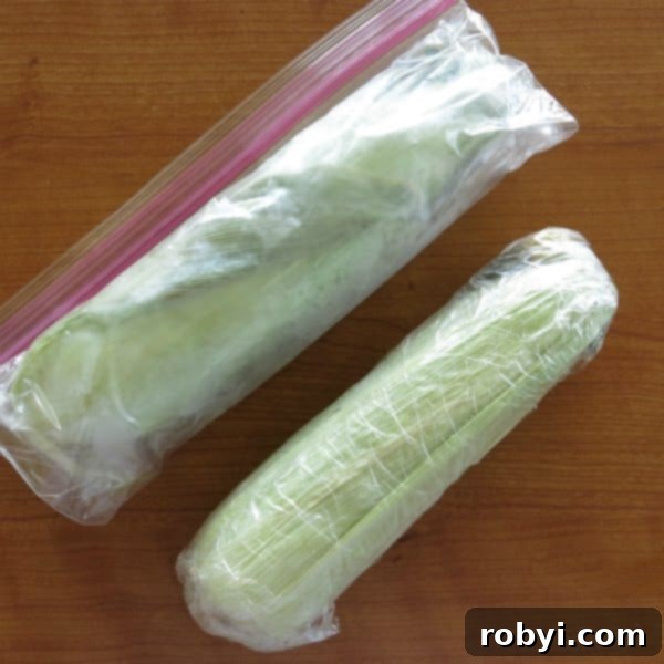 Lock in Flavor: Freezing Corn on the Cob, Husk Included 4 Two cobs of corn: one wrapped in plastic and the other in a plastic bag, ready to go into the freezer.