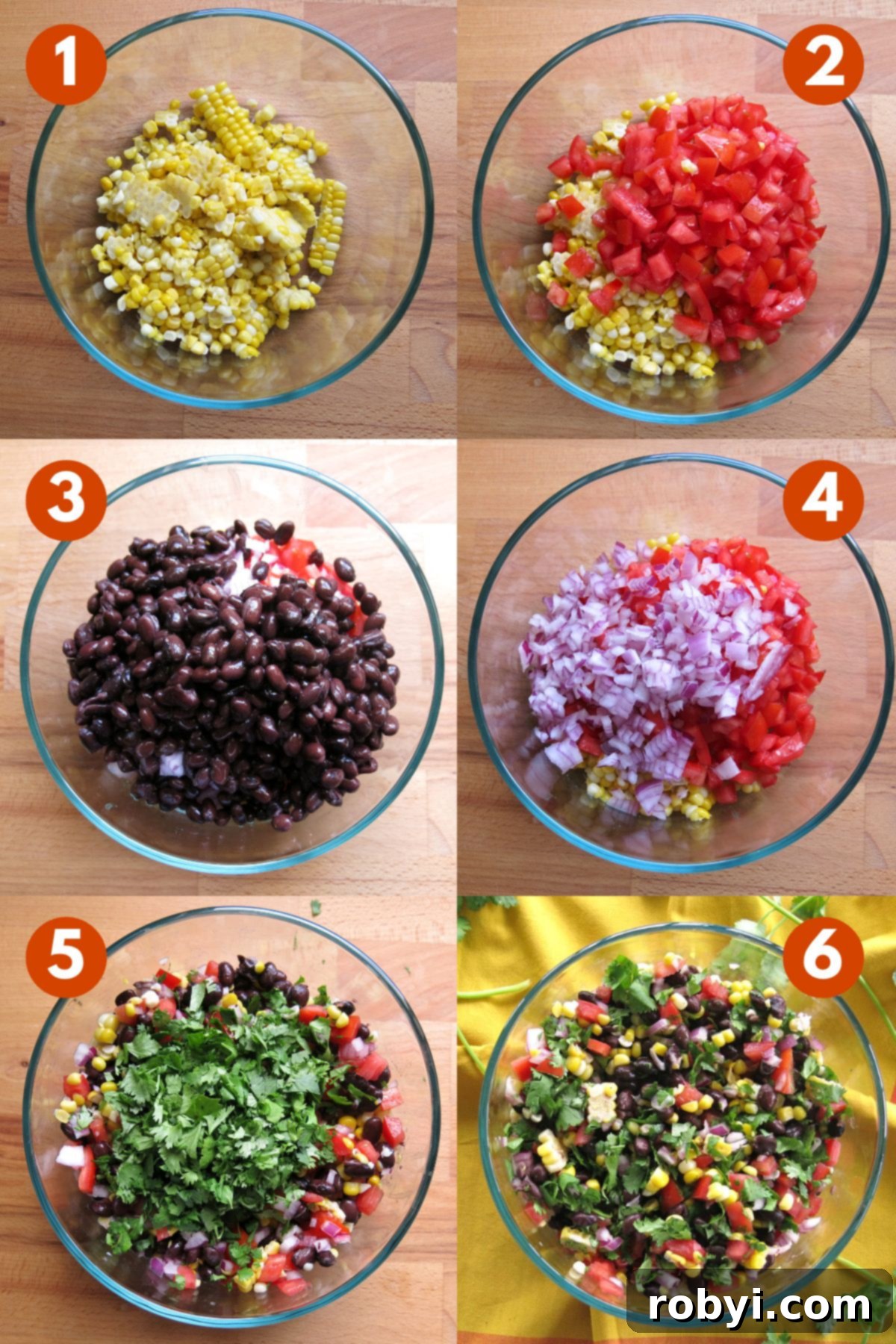 Numbered steps to prepare the easy corn and black bean salsa: 1) fresh corn kernels being removed from the cob, 2) freshly chopped Roma tomatoes, 3) rinsed and drained black beans, 4) finely diced red onion, 5) snipped fresh cilantro, and 6) all ingredients being mixed together with a tangy red wine vinegar dressing in a large bowl.